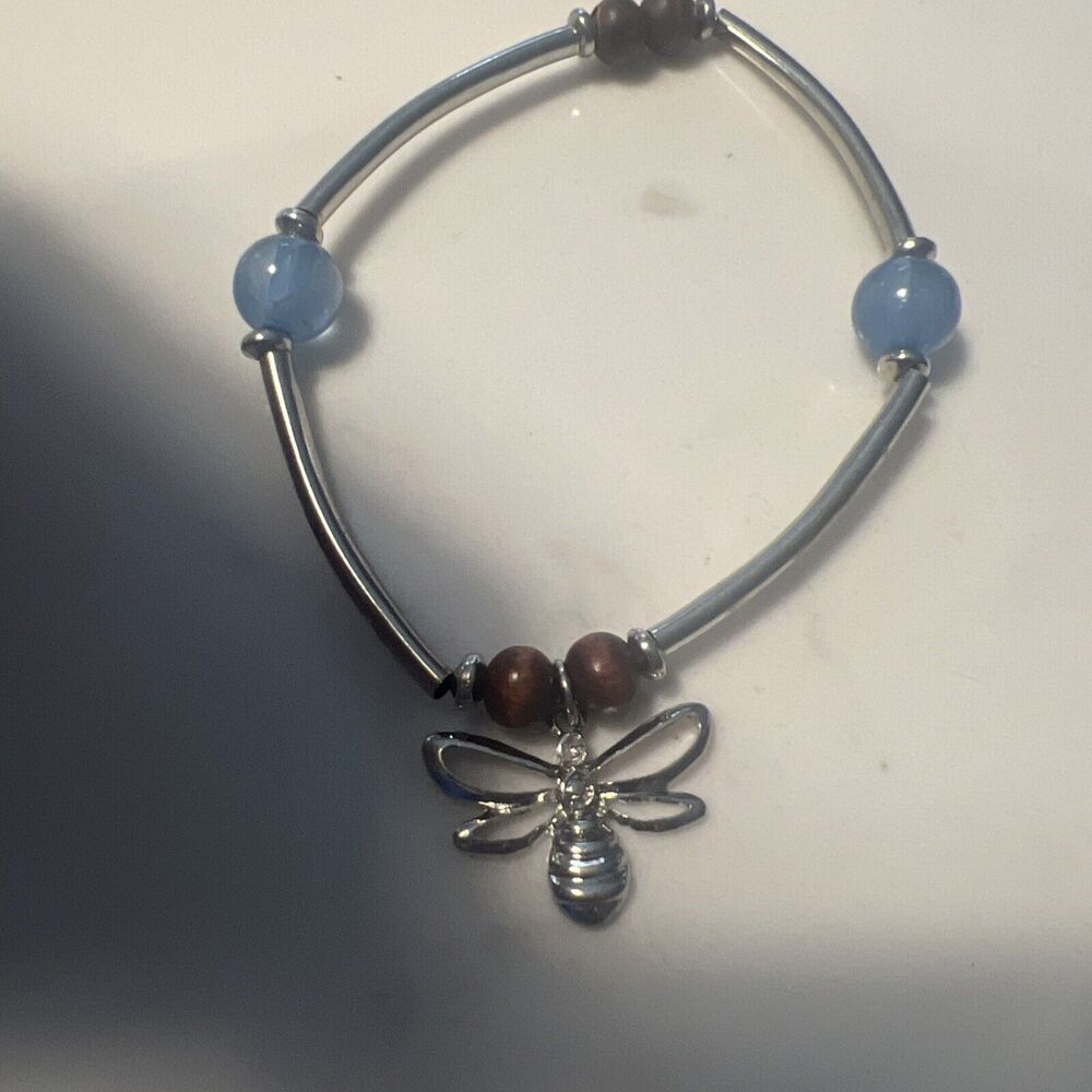 Bumble Bee Charm With Liquid Silver Blue And Brown Beads Bracelet